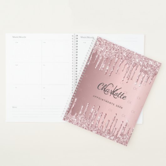 Blush roze glitter druppels monogram script 2025 planner (Display)