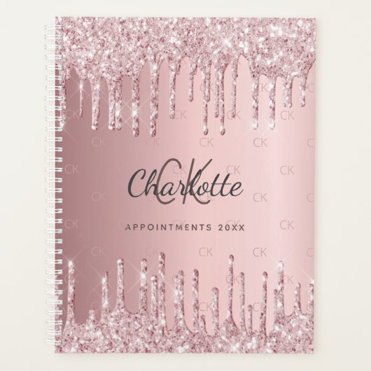 Blush roze glitter druppels monogram script 2025 planner (Voorkant)
