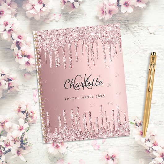 Blush roze glitter druppels monogram script 2025 planner