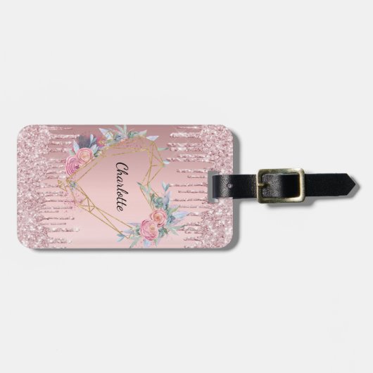 Blush roze glitter druppelt florale monogram naam bagagelabel (Voorkant horizontaal)
