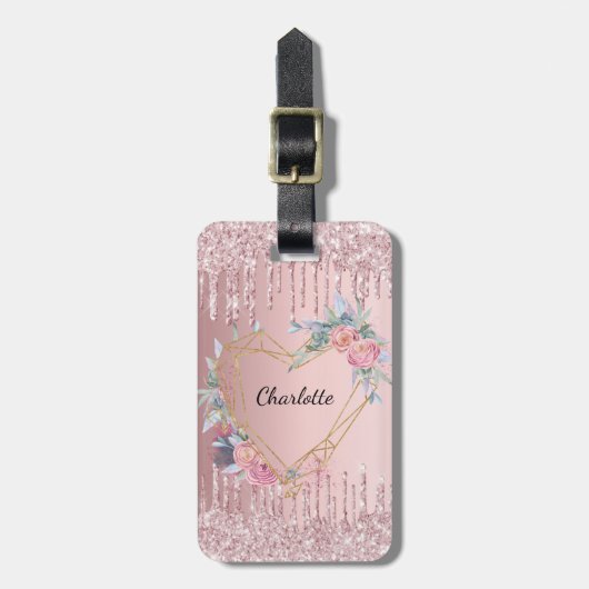 Blush roze glitter druppelt florale monogram naam bagagelabel (Voorkant verticaal)