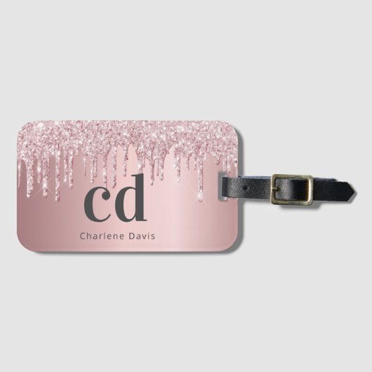 Blush roze glitter druppelt monogram initiaal naam bagagelabel (Voorkant (horizontaal))