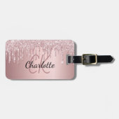 Blush roze glitter druppelt monogram naam bagagelabel (Voorkant horizontaal)