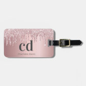 Blush roze glitter druppelt monogram naam grijs bagagelabel (Voorkant horizontaal)
