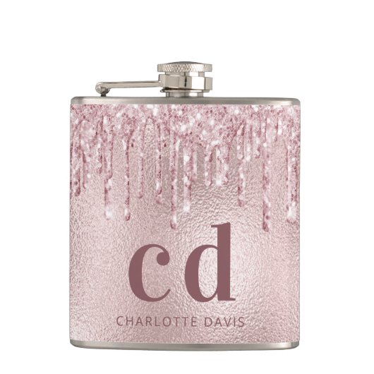 Blush roze glitter druppelt monogram naam heupfles (Voorkant)