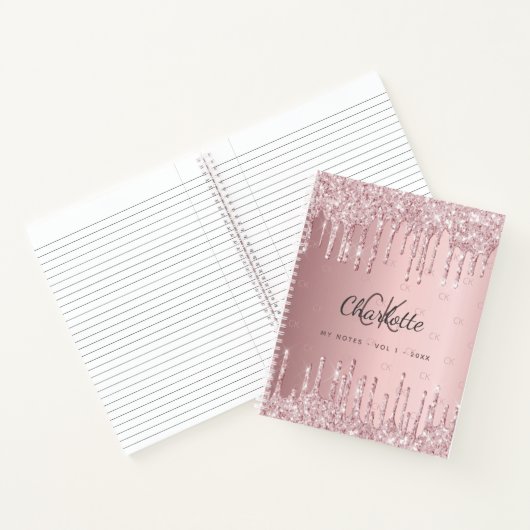 Blush roze glitter druppelt monogram script notitieboek (Binnen)