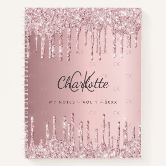 Blush roze glitter druppelt monogram script notitieboek (Voorkant)