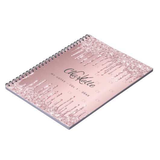 Blush roze glitter druppelt monogram script notitieboek (Linkerzijde)