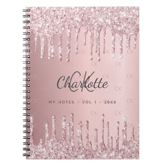 Blush roze glitter druppelt monogram script notitieboek (Voorkant)