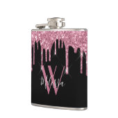 Blush roze glitter druppelt op spaarmonogram zwart heupfles (Links)