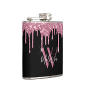 Blush roze glitter druppelt op spaarmonogram zwart heupfles (Rechts)
