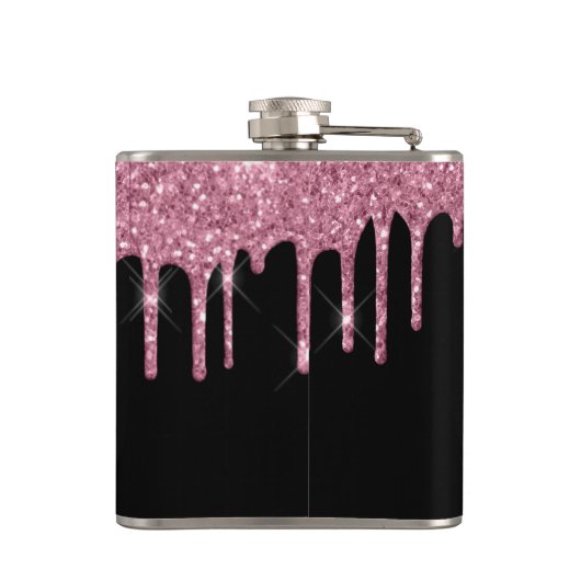 Blush roze glitter druppelt op spaarmonogram zwart heupfles (Achterkant)