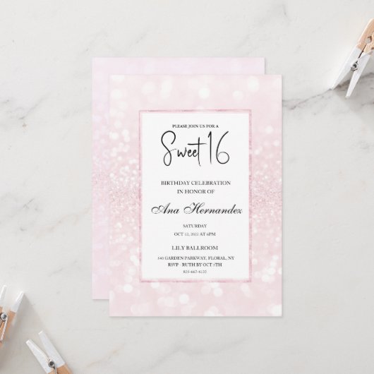 Blush roze glitter elegant chic Sweet 16 Kaart (Voorkant / Achterkant in situ)