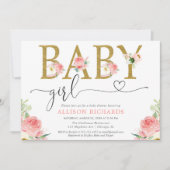 Blush roze glitter floral baby shower Girl Kaart (Voorkant)