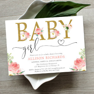 Blush roze glitter floral baby shower Girl Kaart