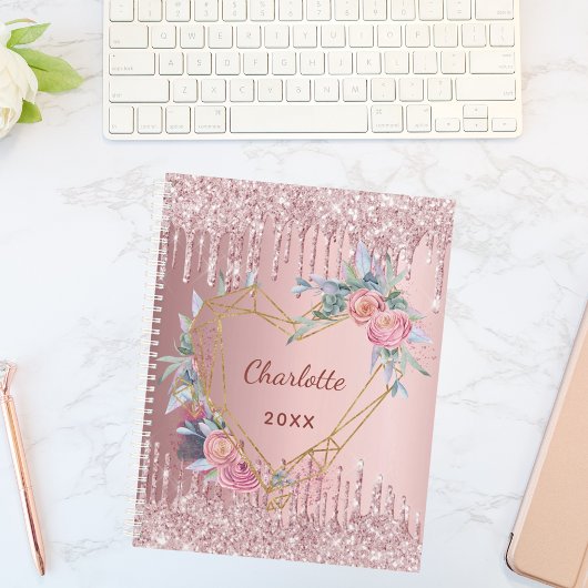 Blush roze glitter floral name geo 2023 planner