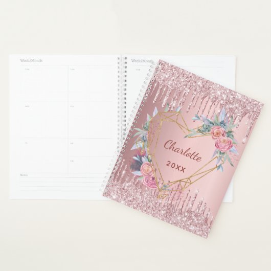 Blush roze glitter floral name geo 2023 planner (Display)