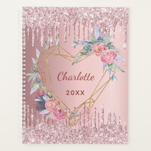 Blush roze glitter floral name geo 2023 planner (Voorkant)