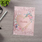 Blush roze glitter florale monogram naam dagboek notitieboek