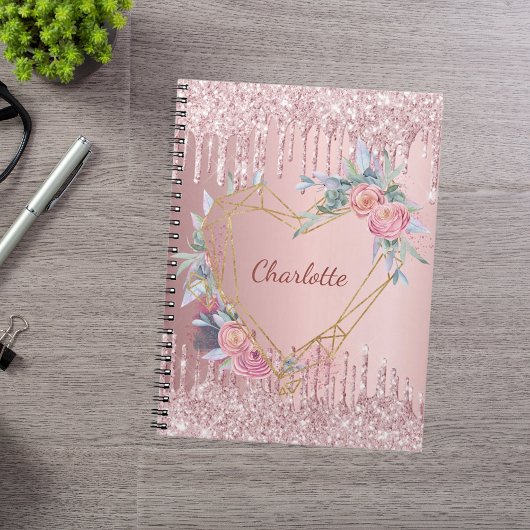 Blush roze glitter florale monogram naam dagboek notitieboek