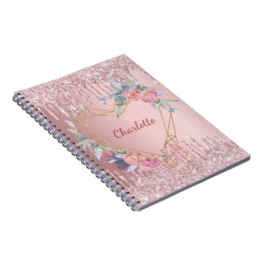 Blush roze glitter florale monogram naam dagboek notitieboek (Rechterzijde)