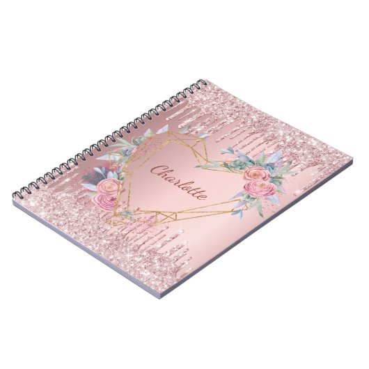 Blush roze glitter florale monogram naam dagboek notitieboek (Linkerzijde)