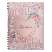 Blush roze glitter florale monogram naam dagboek notitieboek (Voorkant)
