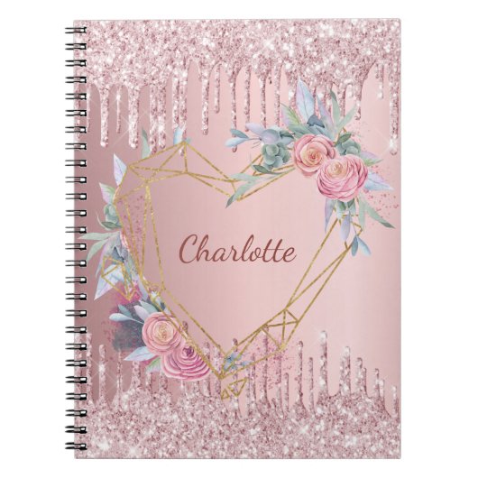 Blush roze glitter florale monogram naam dagboek notitieboek (Voorkant)