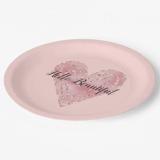 Blush Roze Glitter Glitzy Heart Papieren Bordje (Gekanteld)