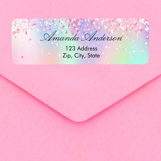 Blush roze glitter holographic return address etiket