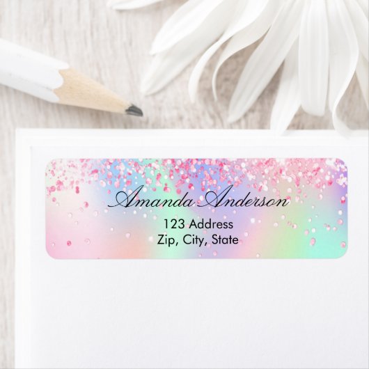 Blush roze glitter holographic return address etiket (Insitu)