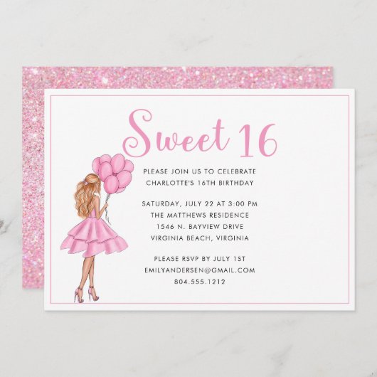 Blush Roze Glitter Moderne Sweet 16 Verjaardagsfee Kaart (Voorkant / Achterkant)