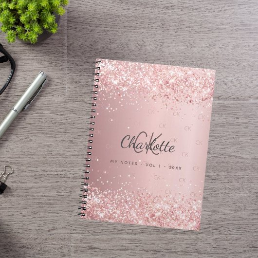 Blush roze glitter monogram script notitieboek