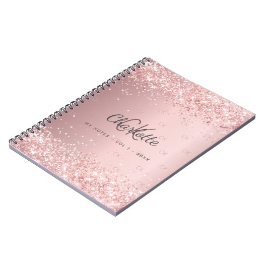 Blush roze glitter monogram script notitieboek (Linkerzijde)