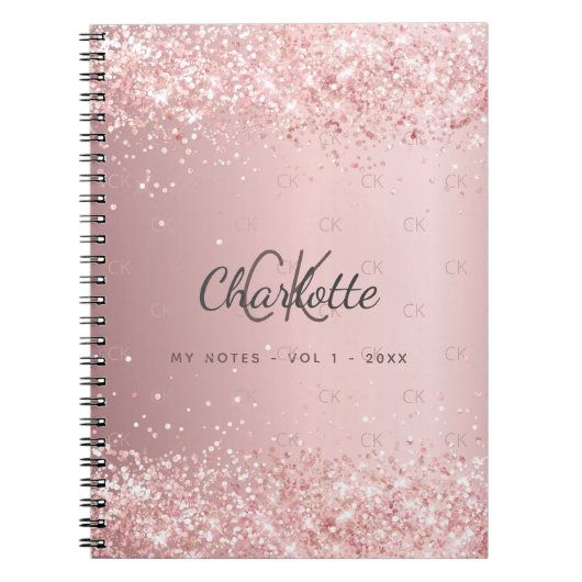 Blush roze glitter monogram script notitieboek (Voorkant)