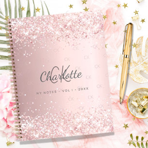 Blush roze glitter monogram stofmonogram notitieboek