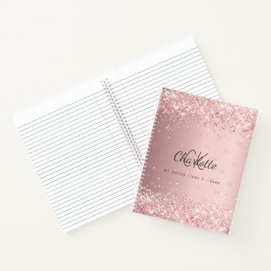 Blush roze glitter monogram stofmonogram notitieboek (Binnen)