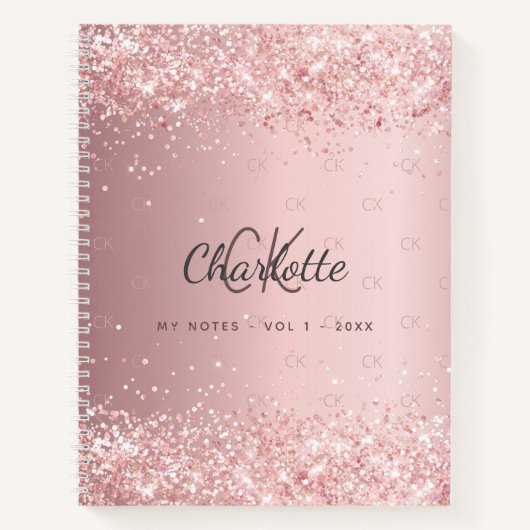 Blush roze glitter monogram stofmonogram notitieboek (Voorkant)