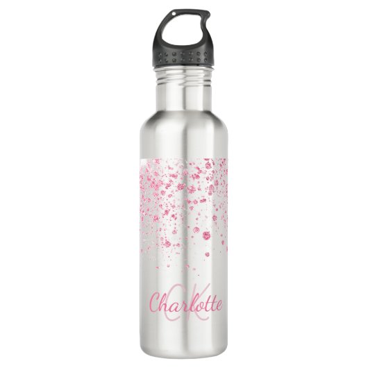 Blush roze glitter monogram waterfles  (Voorkant)