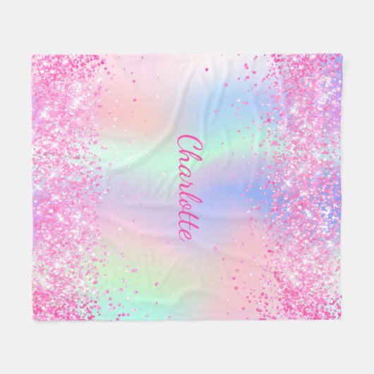 Blush roze glitter naam script holografisch meisje fleece deken (Voorkant (Horizontaal))