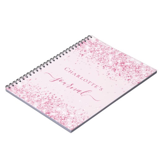 Blush roze glitter name script journal girl notitieboek (Linkerzijde)