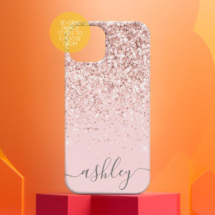 Blush roze glitter Patroon en girale scriptnaam Case-Mate iPhone 14 Hoesje