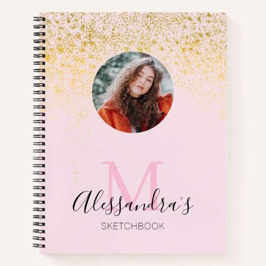 Blush Roze Glitter Photo Monogram Sketchbook-lapto Notitieboek (Voorkant)