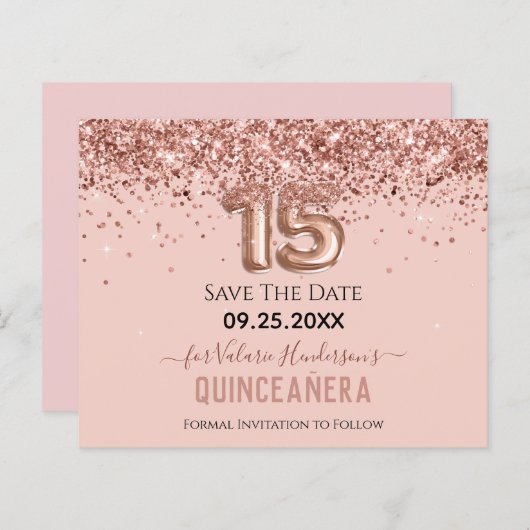Blush roze glitter Quinceanera Save the Date (Voorkant / Achterkant)