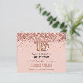 Blush roze glitter Quinceanera Save the Date (Staand voorkant)
