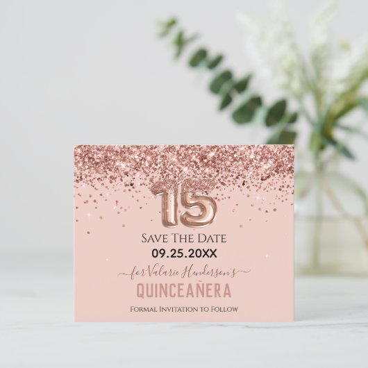 Blush roze glitter Quinceanera Save the Date (Staand voorkant)