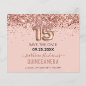 Blush roze glitter Quinceanera Save the Date (Voorkant)