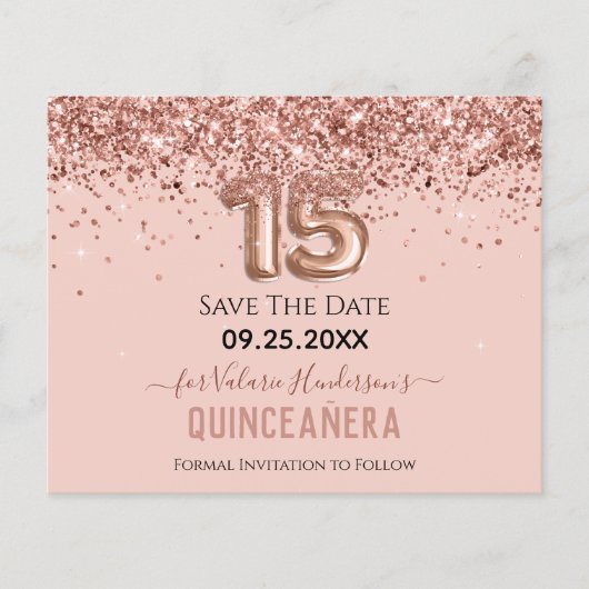 Blush roze glitter Quinceanera Save the Date (Voorkant)