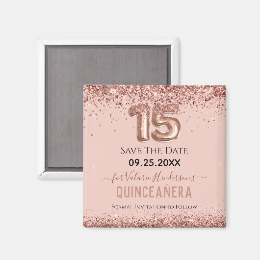 Blush roze glitter Quinceanera Save the Date Magneet (Voorkant / Achterkant)