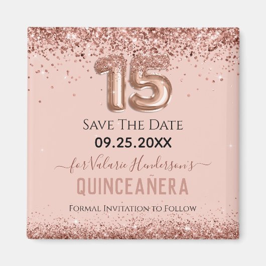 Blush roze glitter Quinceanera Save the Date Magneet (Voorkant)